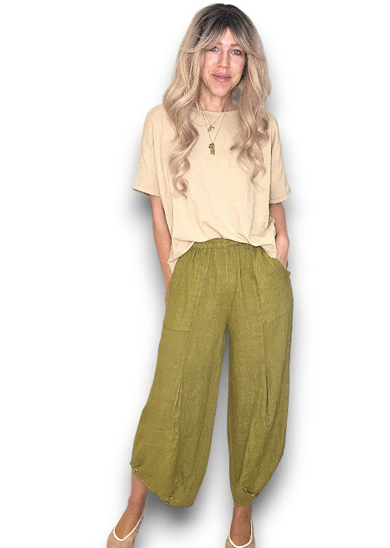 Olive Mini Button Linen Pants