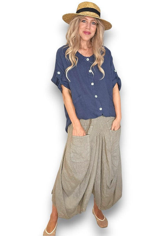 Navy Pearl Button Top