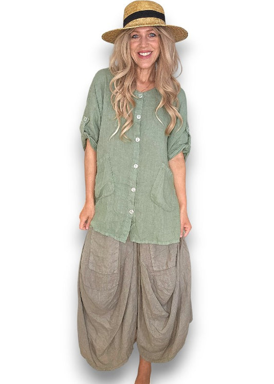 Sage Pearl Button Top