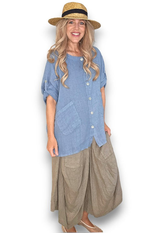 Petrol Pearl Button Top