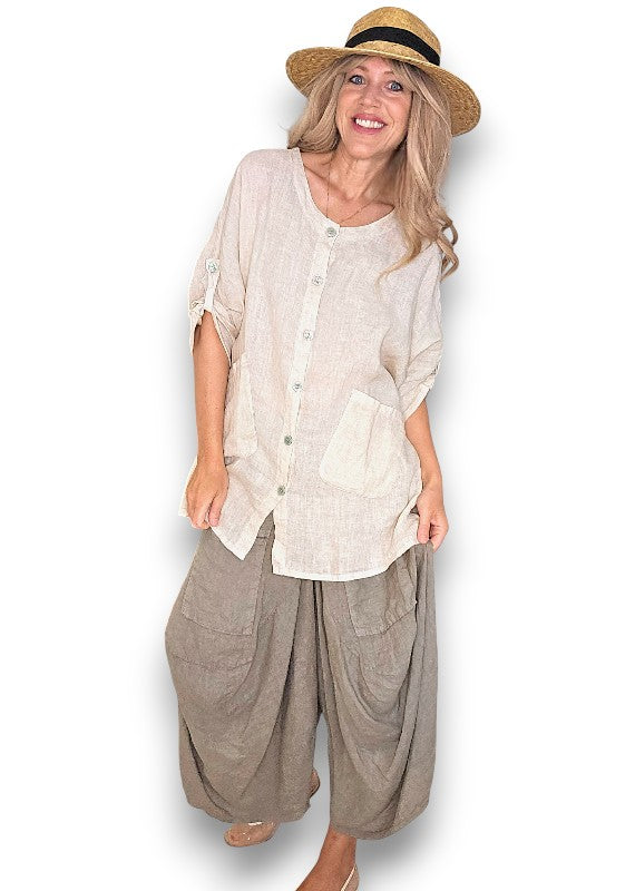 Beige Pearl Button Top