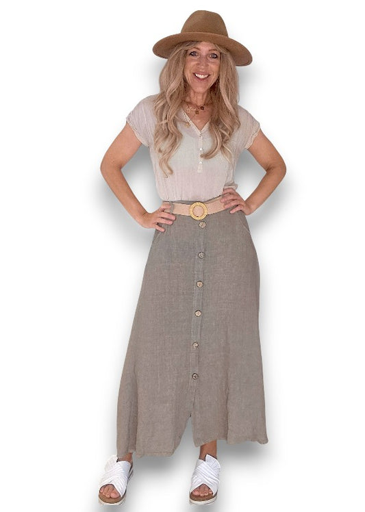Mocha Midi Raffia Belt Linen Skirt