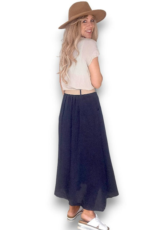 Navy Midi Raffia Belt Linen Skirt
