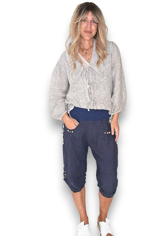 Navy Plain Capri Linen Pant