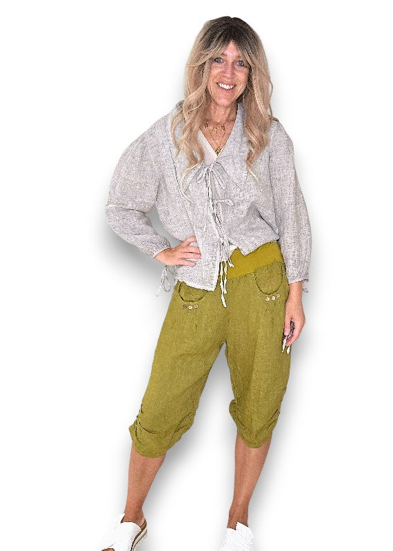 Olive Plain Capri Linen Pant