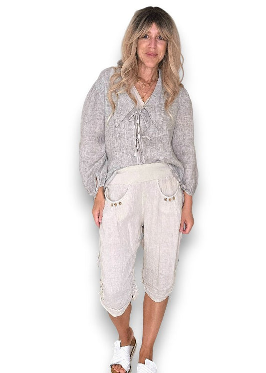 Beige Plain Capri Linen Pant