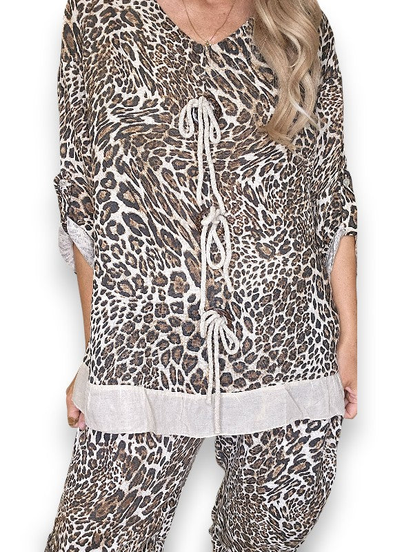 Beige Leopard Trois Button Top