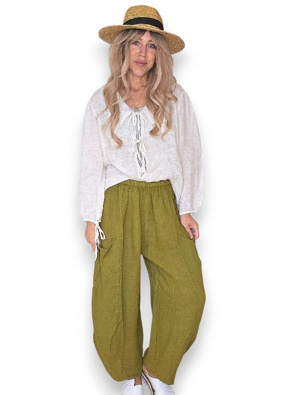 Olive Barrel Linen Pants