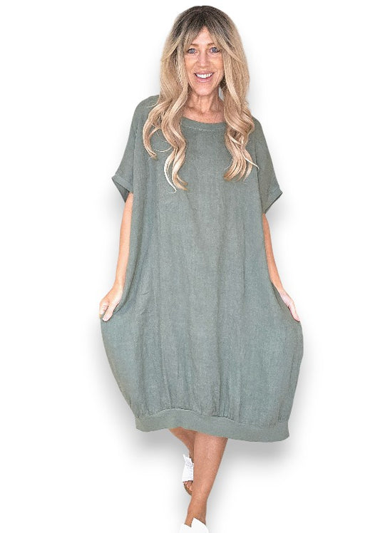 Sage Plain Elastic Hem Dress