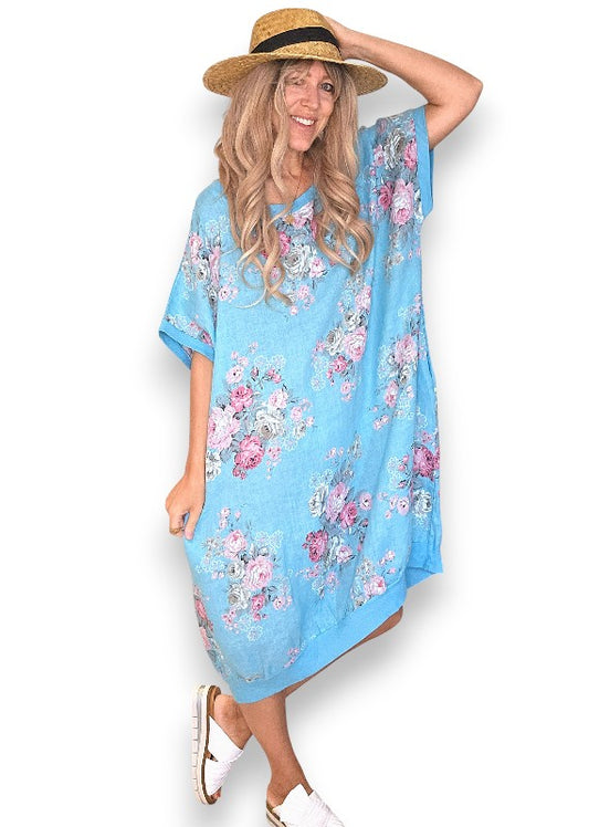 Turquoise High Tea Elastic Hem Dress