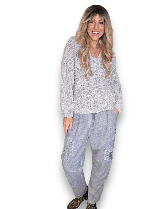 Marle Grey V-Neck Chenille Sweater