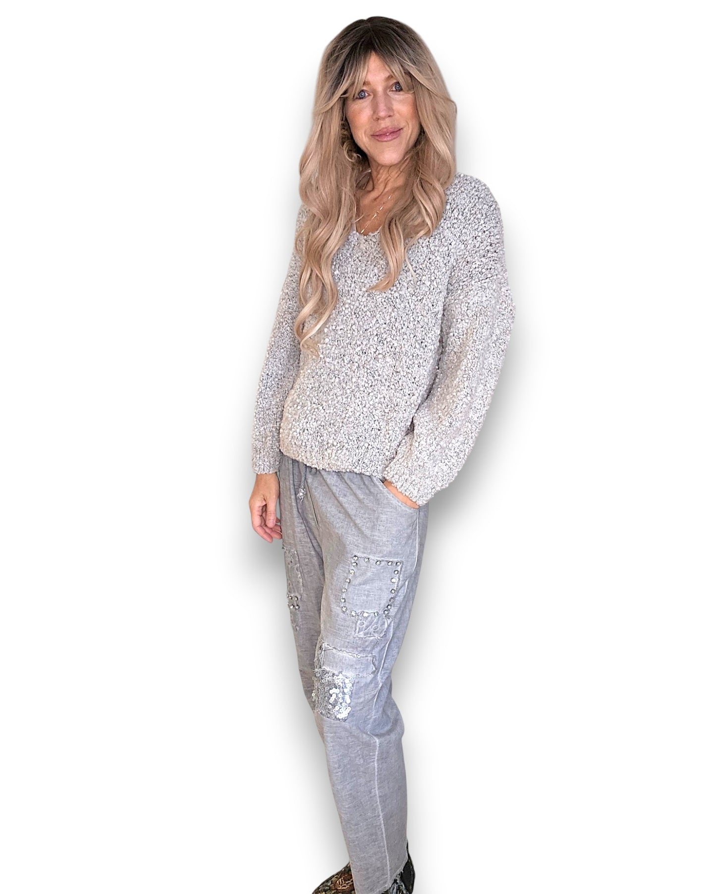 Marle Grey V-Neck Chenille Sweater
