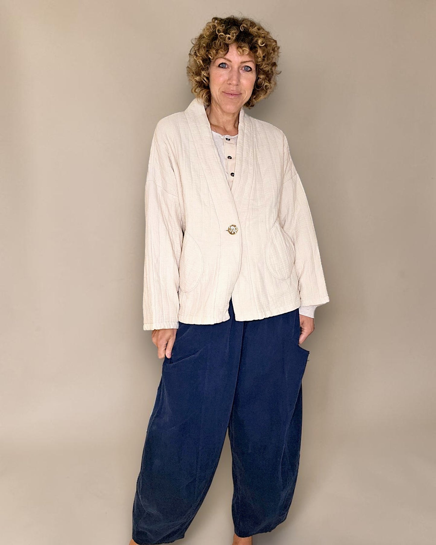 Vanilla Cotton Gauze Kimono-Gold Button