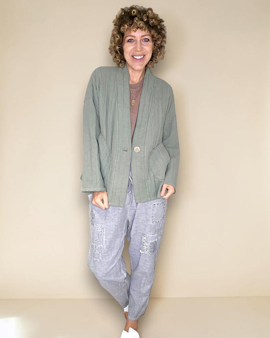 Forest Cotton Gauze Kimono-Gold Button