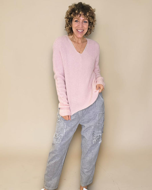 Baby Pink Rib V-Neck Best Basics B. Alpaca Blend Sweater