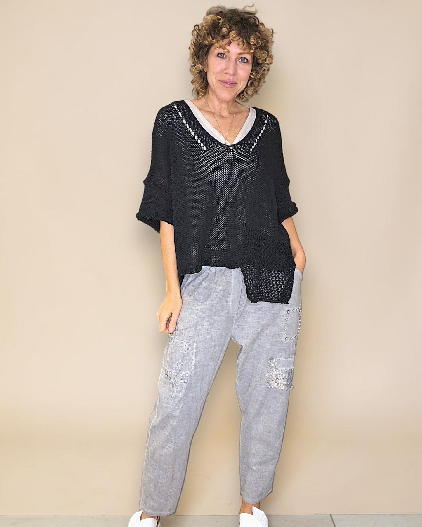 Black Pure Cotton Crochet V-Neck Knit