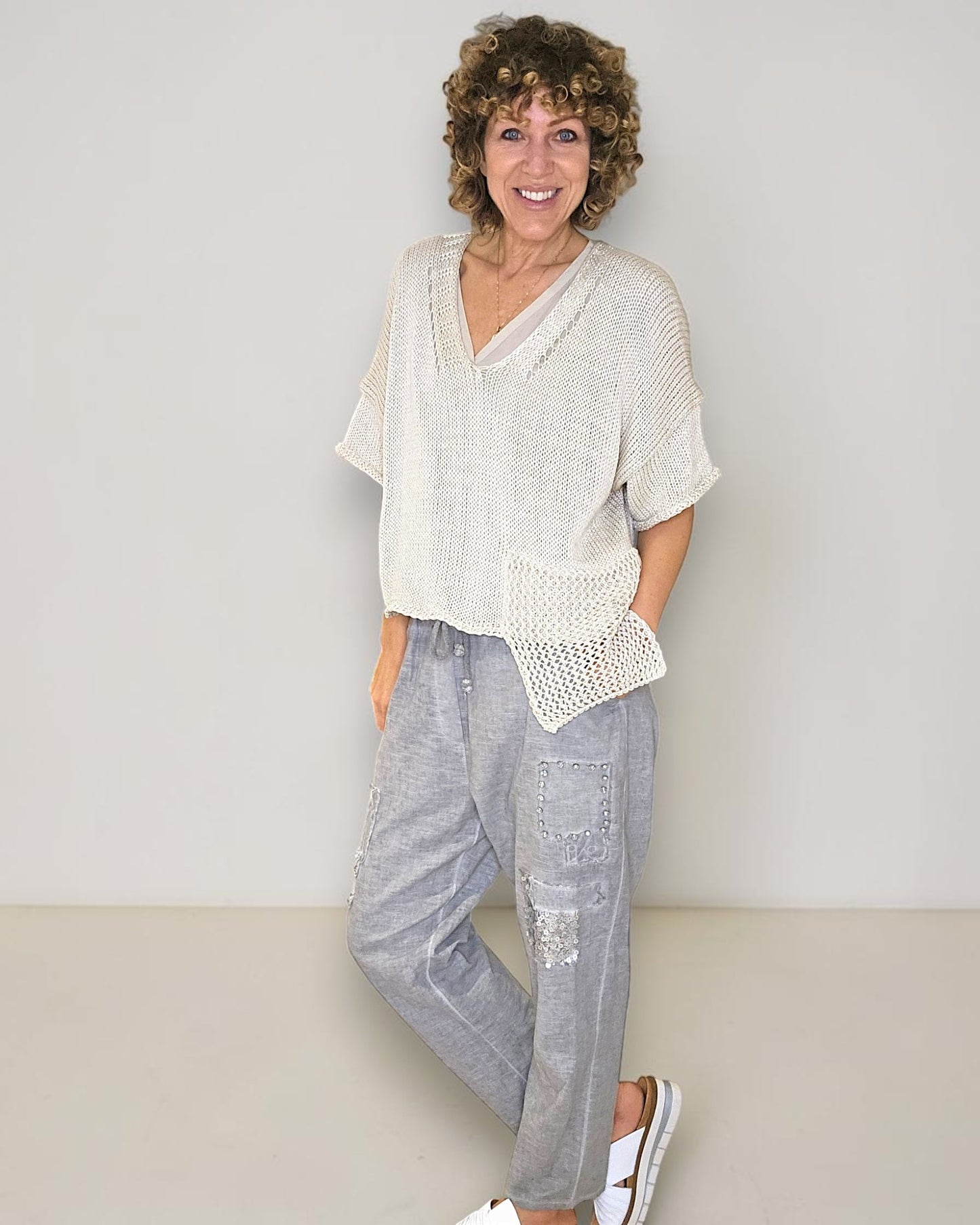 Beige Pure Cotton Crochet V-Neck Knit