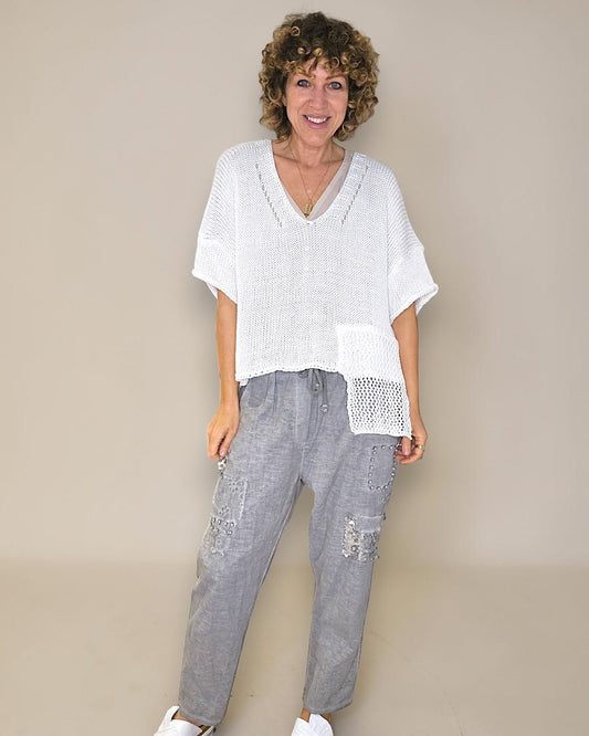 White Pure Cotton Crochet V-Neck Knit