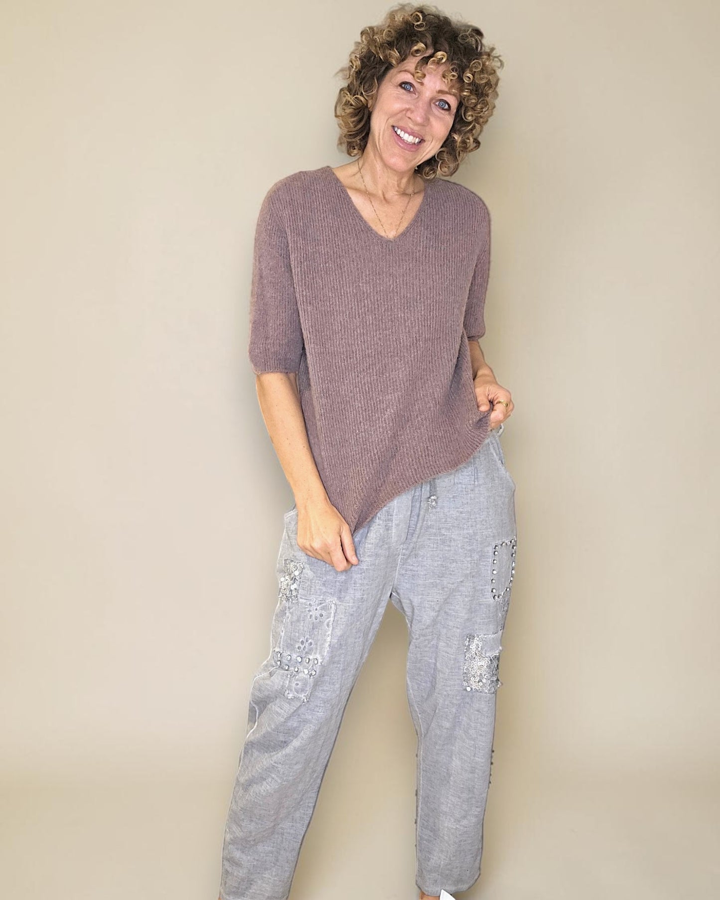 Lght Coffee Short Sl. Rib V-Neck Best Basics B. Alpaca Blend Sweater