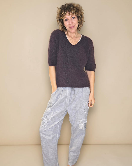 Drk Coffee Short Sl. Rib V-Neck Best Basics B. Alpaca Blend Sweater