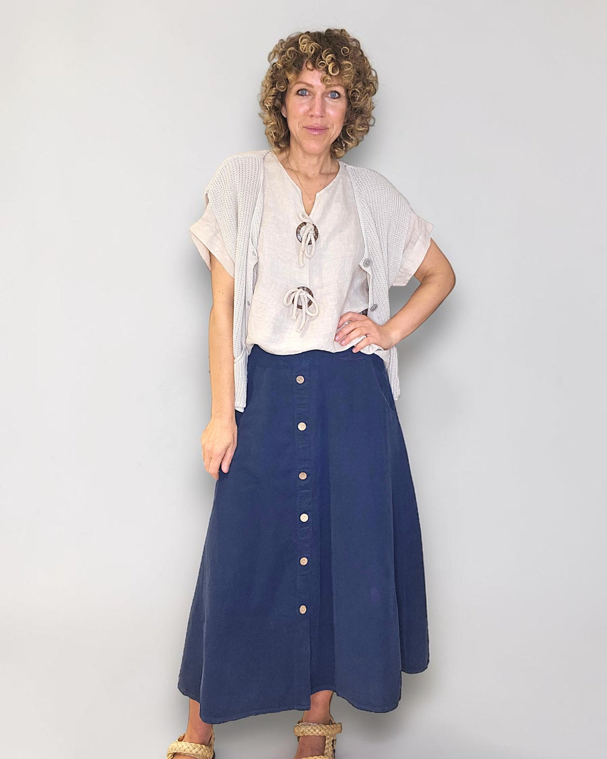Navy Midi Corduroy Button Skirt