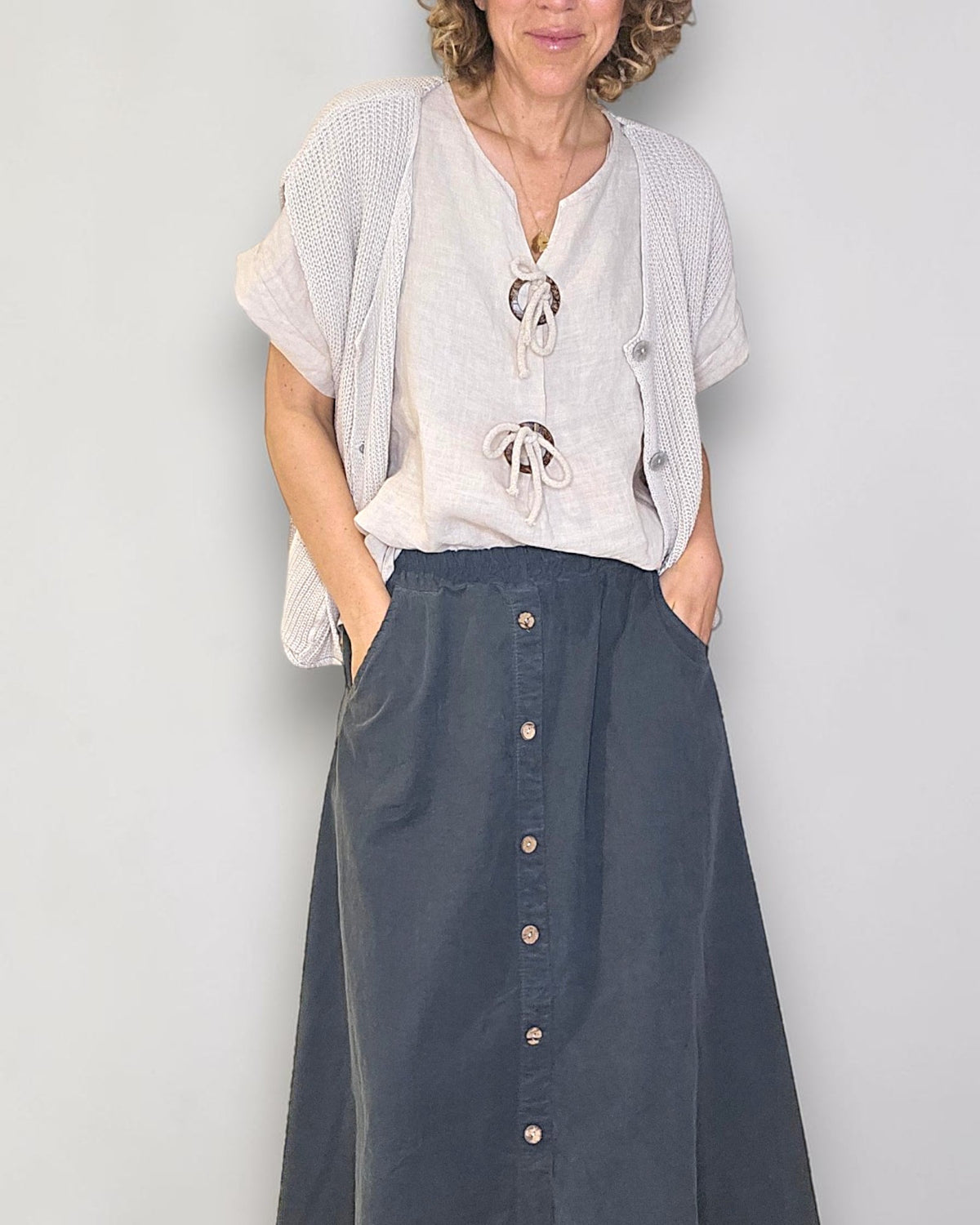 Grey Midi Corduroy Button Skirt