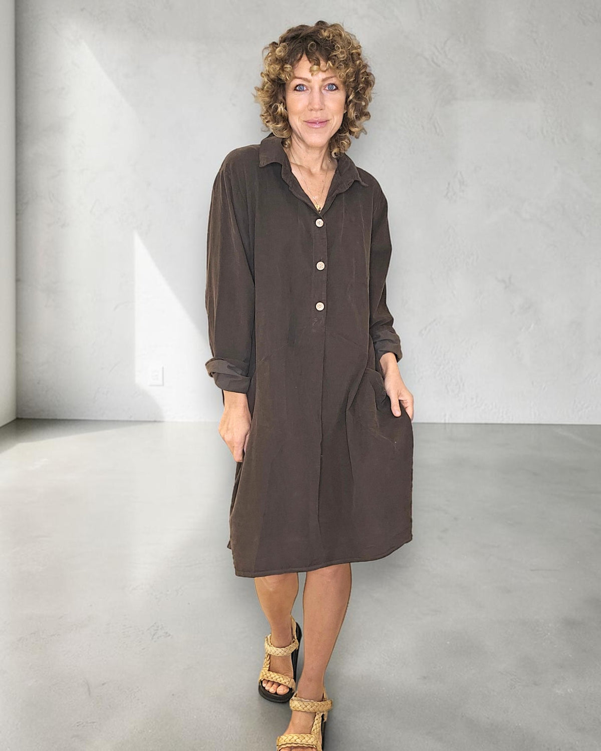 Coffee Corduroy Shirt Dress