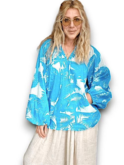 IDA IVY Pouf Sleeve Tunic-Palm Porcelain/Turq image 0