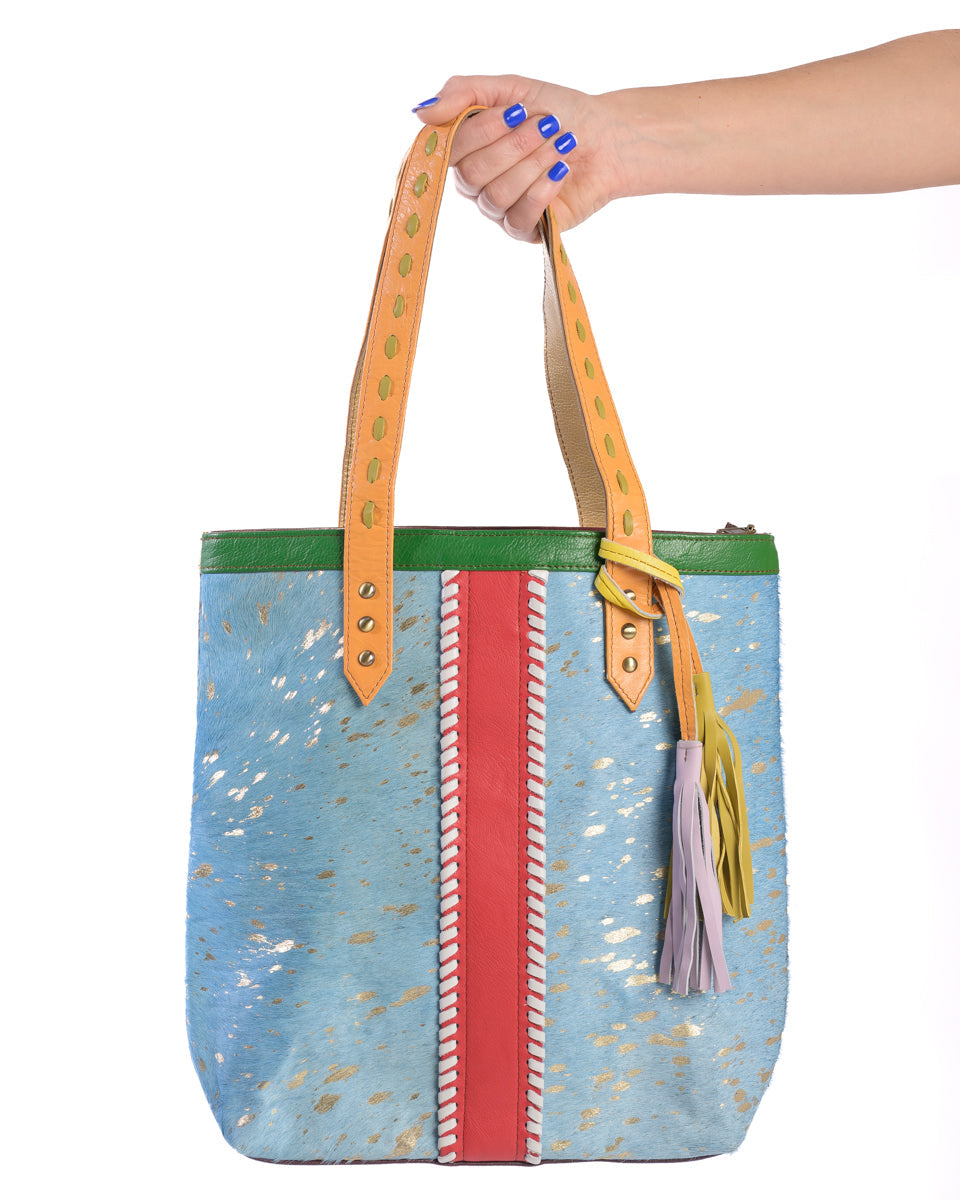 Parade Shopper | Blue Metallic & Red Stripe | Leather Bag