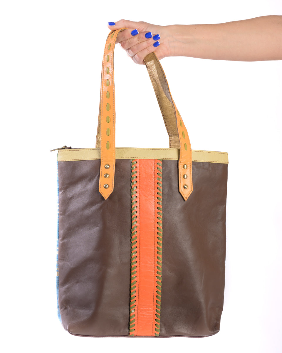 Parade Shopper | Blue Metallic & Red Stripe | Leather Bag
