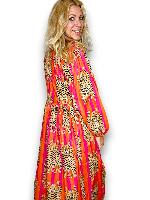 IDA IVY Pouf Sl Dress/Tiger Stripe/O/Pnk