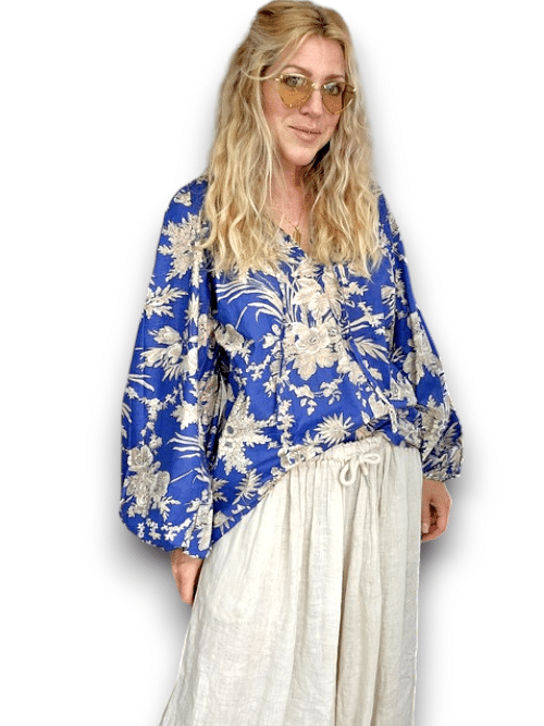 IDA IVY Pouf Sleeve Tunic-French Jungle/Blue