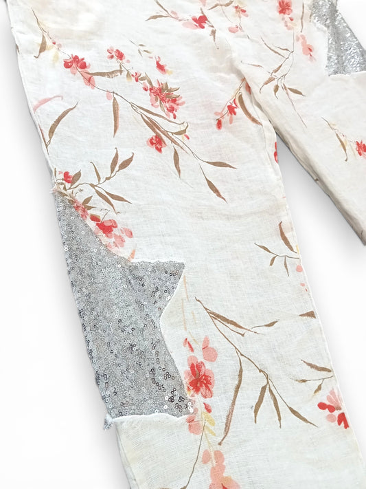 White Aika Rose Linen Sequin Star Pants