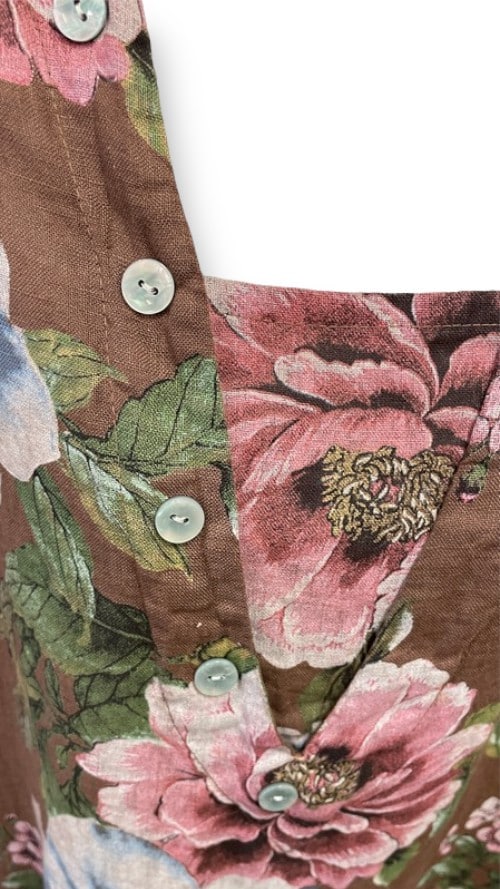 Dark Coffee Bright Bloom V-Neck Maxi Dress with Buttons