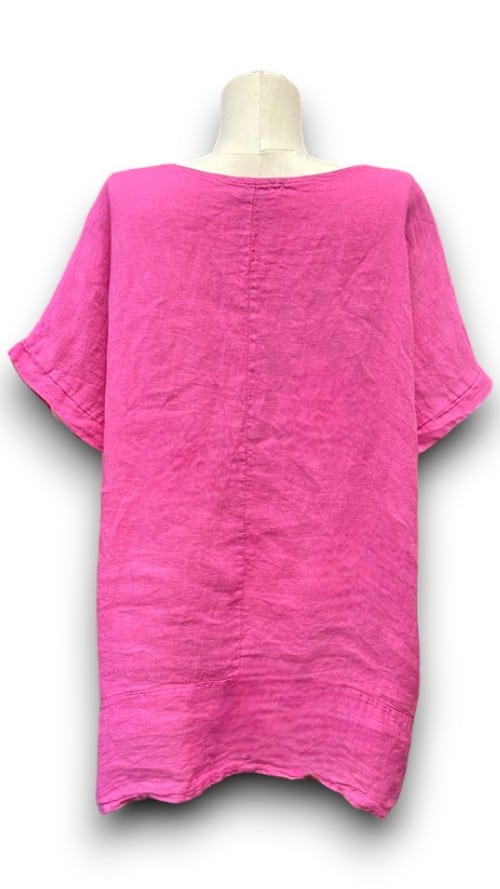 Hot Pink Plain Linen Tee with Coconut Buttons