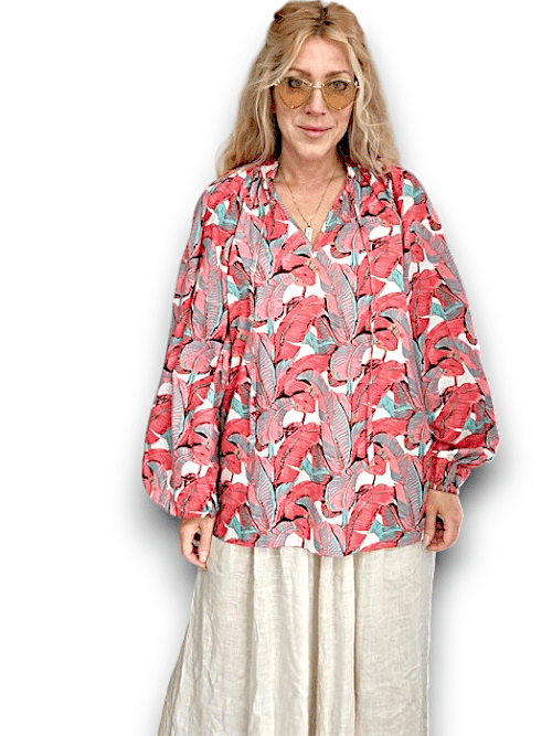 IDA IVY Pouf Sleeve Tunic-Monstera/Pink image 1