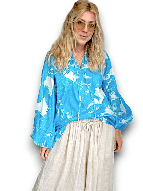 IDA IVY Pouf Sleeve Tunic-Palm Porcelain/Turq image 1