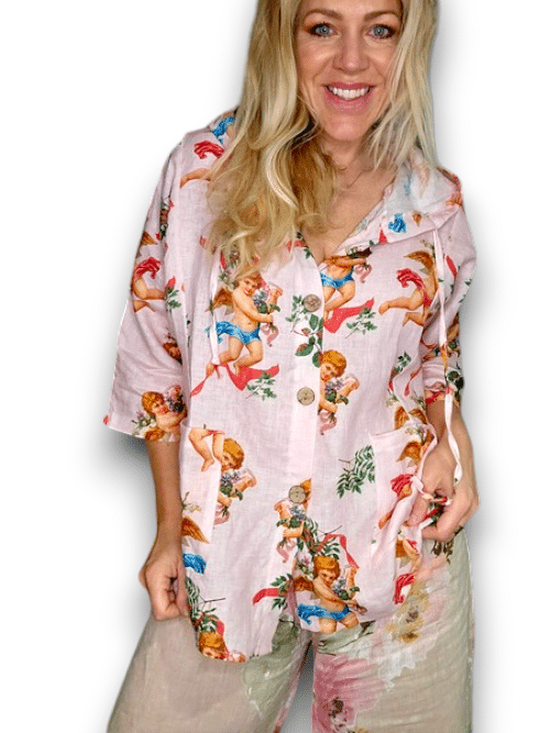 Pale Pink Angels Wood Button Linen Hoodie