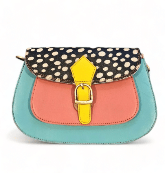 Freeda | Bright Turqoise, Pink & Black Mini Dot | Leather Bag