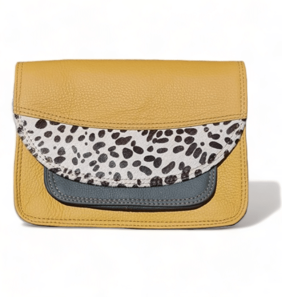 Gio | Mustard, Black & White Mini Dot Leopard | Leather Bag