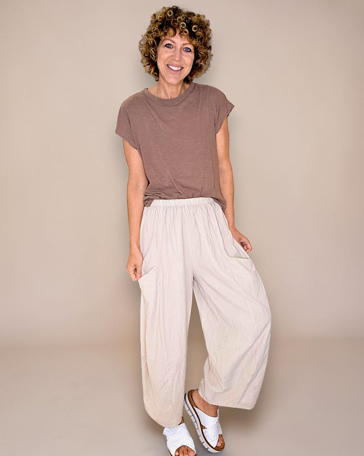 Beige Corduroy Barrel Pants