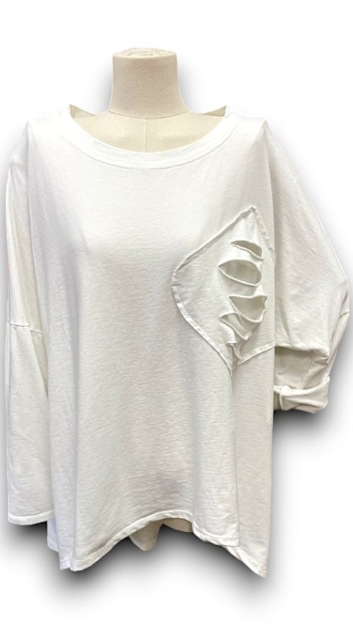 White Plain Ripped Cotton Sweater