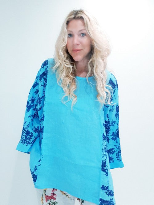 Sky Blue Side print French Toille Top