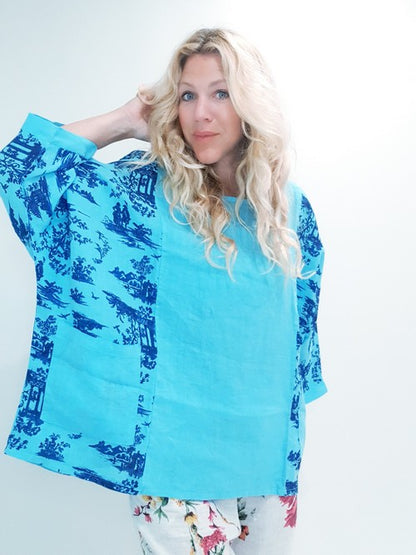 Sky Blue Side print French Toille Top