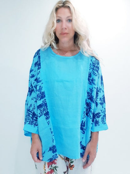 Sky Blue Side print French Toille Top