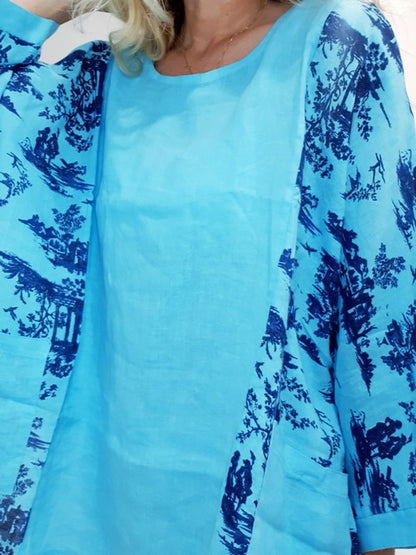 Sky Blue Side print French Toille Top