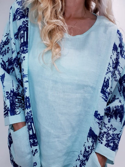 Mint Side print French Toille Top