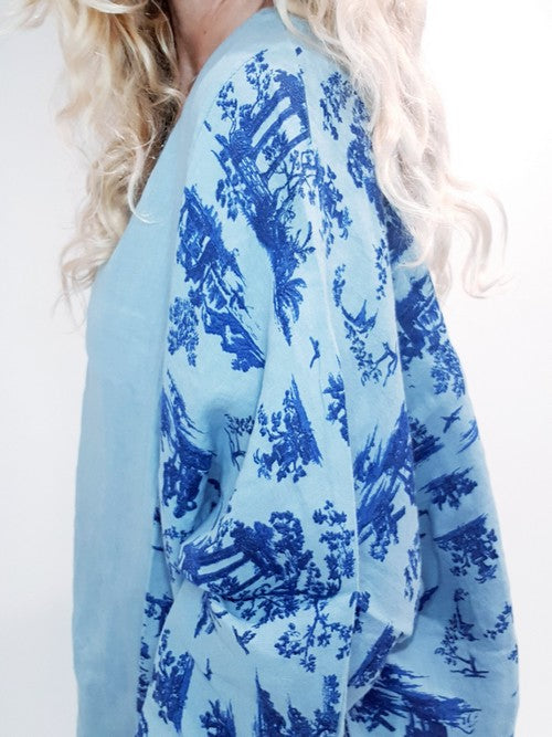 Pale Petrol Side print French Toille Top