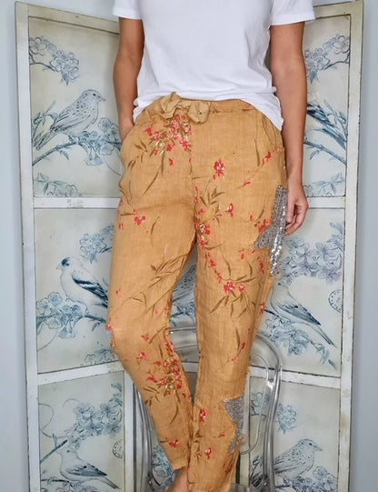 Caramel Aika Rose Linen Sequin Star Pants