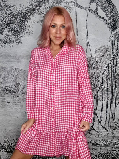 Lipstick Ida Check Shirt Dress-Viscose/Cotton